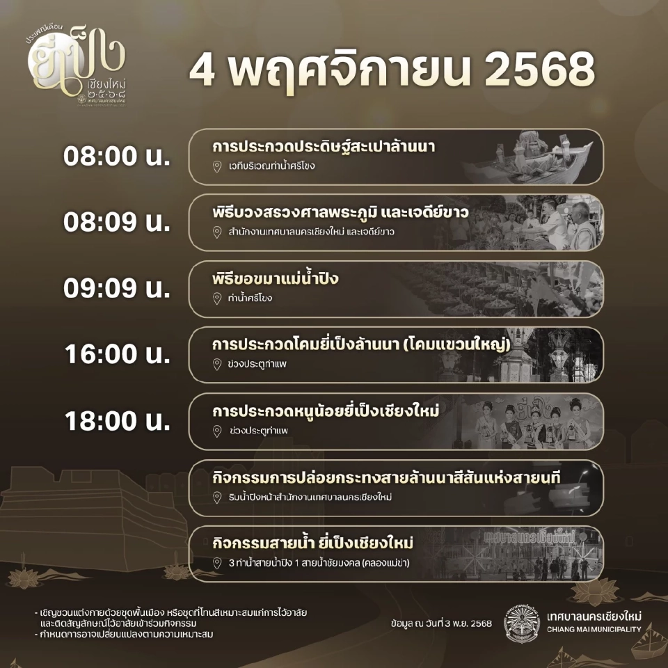 ลอยกระทงเชียงใหม่ 2568 เช็กกำหนดการประเพณียี่เป็ง ขบวนแห่กระทงใหญ่ที่นี่