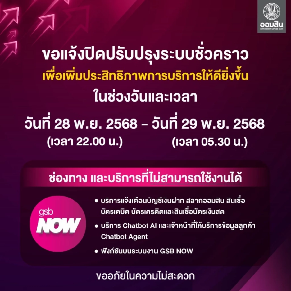 ธนาคารออมสิน เตรียมปิดปรับปรุงระบบ GSB NOW ชั่วคราว