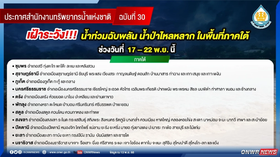 สทนช.ประกาศเตือนภาคใต้ เฝ้าระวังน้ำท่วมฉับพลัน น้ำป่าไหลหลาก ดินโคลนถล่ม วันที่ 17-22 พ.ย.68