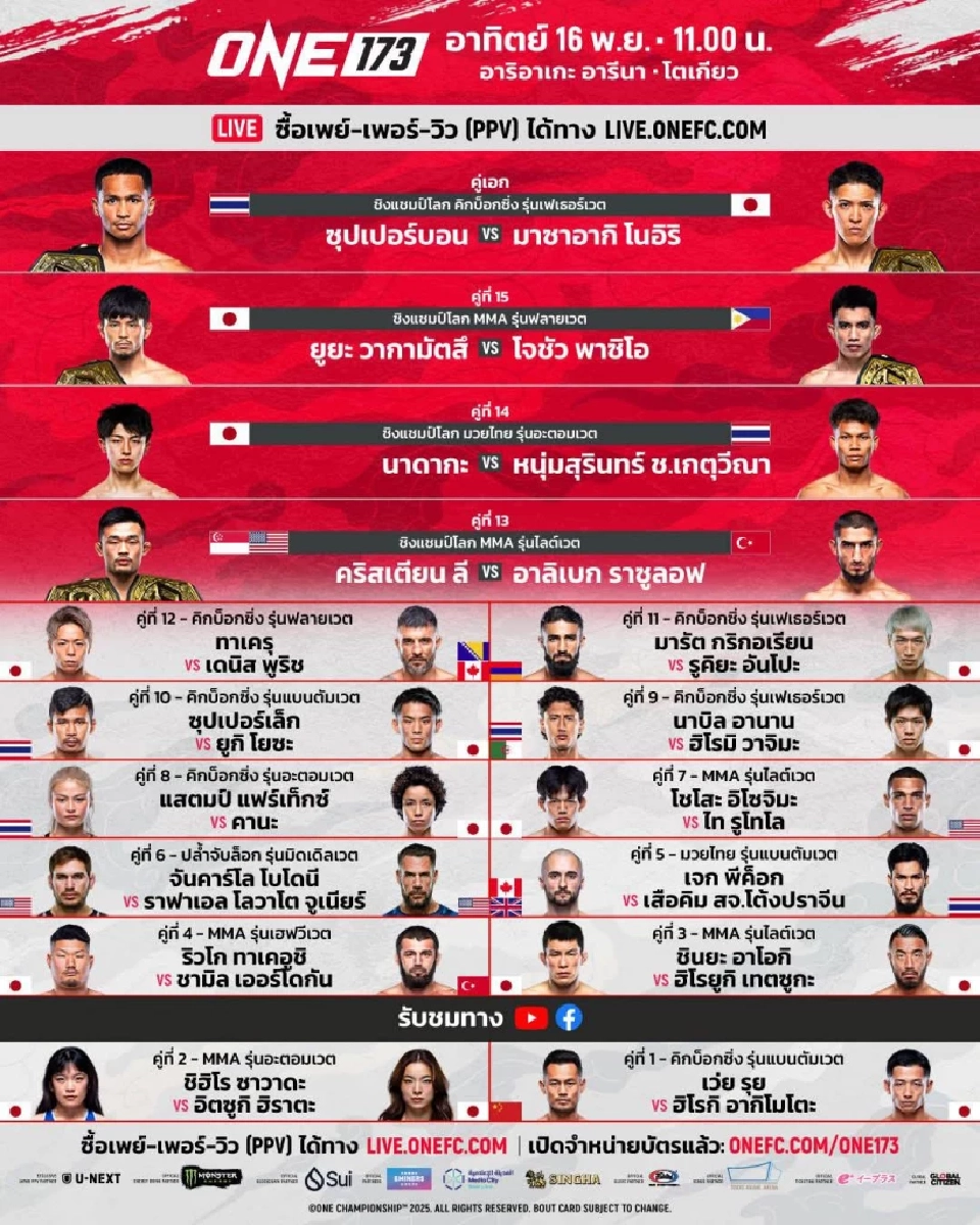 LIVE ถ่ายทอดสด ซุปเปอร์บอน-หนุ่มสุรินทร์-นาบิล-แสตมป์-ซุปเปอร์เล็ก มวย ONE 173 วันนี้