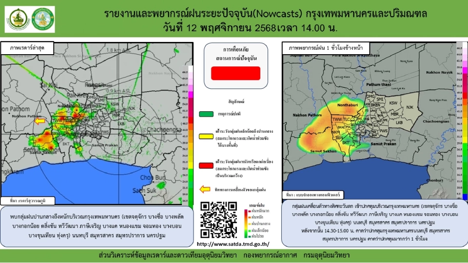 อัปเดตฝน พยากรณ์ฝนระยะปัจจุบันในพื้นที่กรุงเทพมหานครและปริมณฑล จากกรมอุตุนิยมวิทยา วันที่ 12 พฤศจิกายน 2568