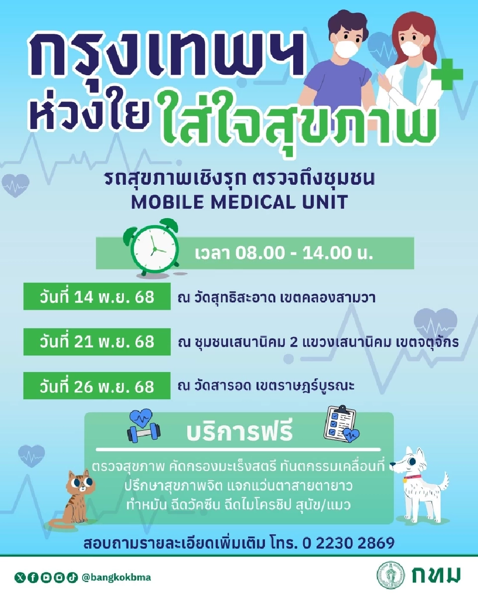 มัดรวม กทม.บริการฟรี ตรวจสุขภาพ-คัดกรองมะเร็ง-ทำหมันสัตว์เลี้ยง