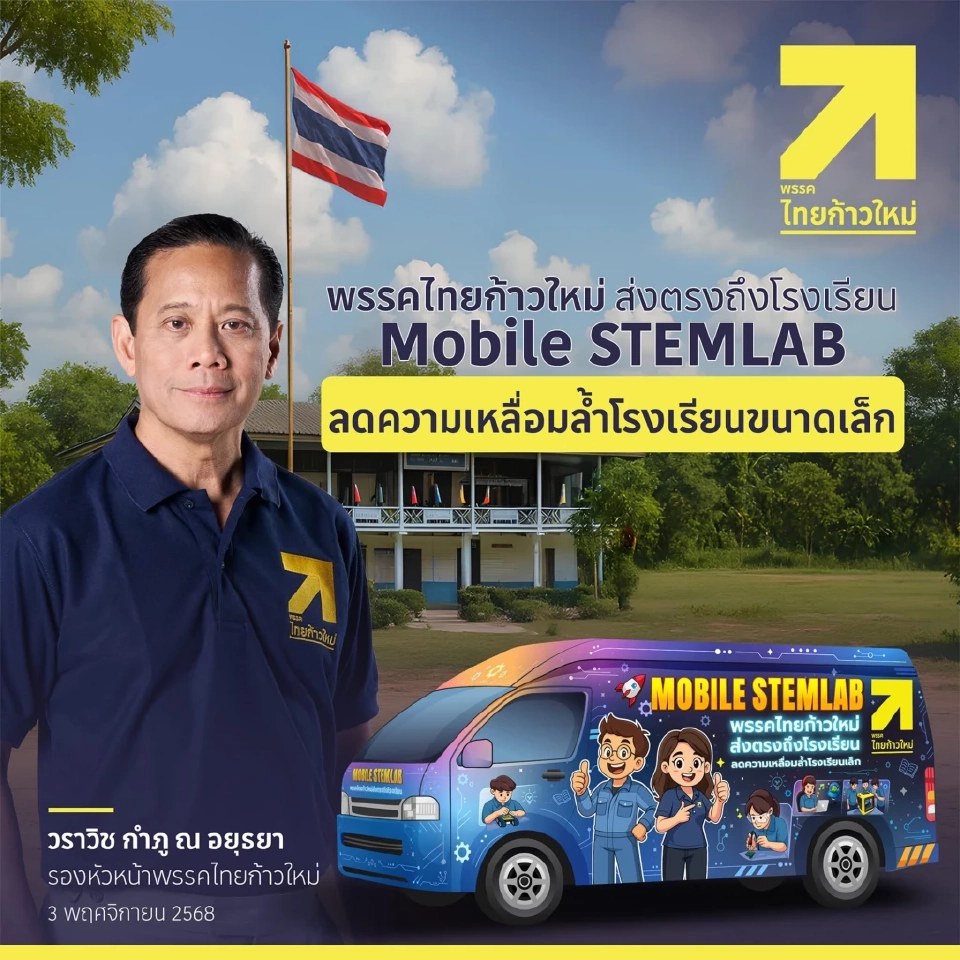 ไทยก้าวใหม่ลุย 'MOBILE STEMLAB' เปิดห้องเรียนอนาคตถึงโรงเรียน ลดเหลื่อมล้ำการศึกษา
