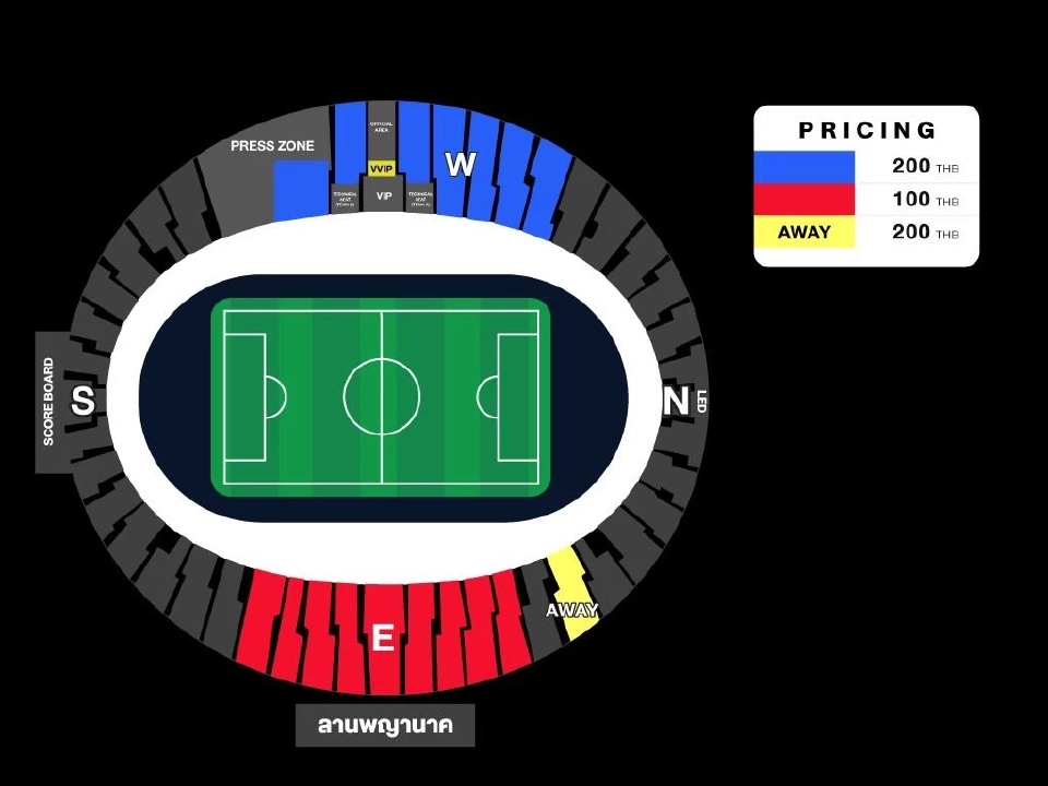 ผังที่นั่งเชียร์ทีมชาติไทย ชุดซีเกมส์ U23 เตรียมอุ่นเครื่อง อินเดีย U23 