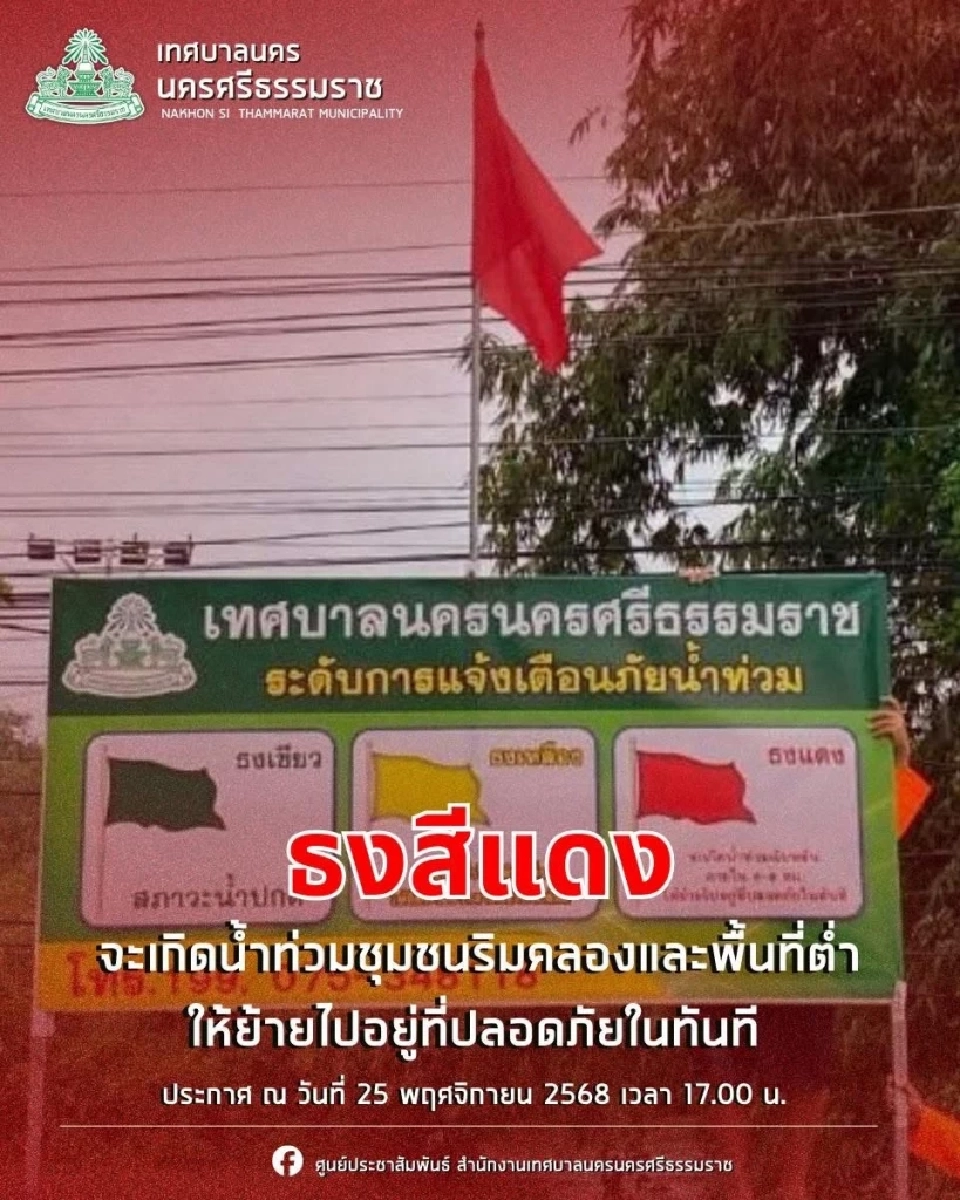 นครศรีธรรมราช ปักธงแดง หลังระดับน้ำท่วมภาคใต้เพิ่มสูงขึ้น 