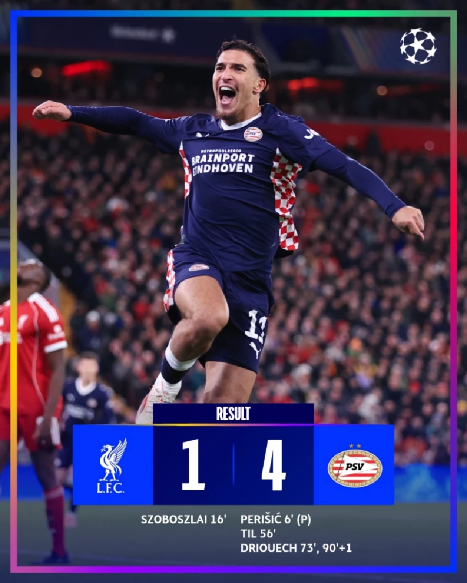 ลิเวอร์พูล พ่าย พีเอสวี เช็กผลบอล ตารางคะแนนยูฟ่าแชมเปียนส์ลีก รอบลีกเฟสที่นี่