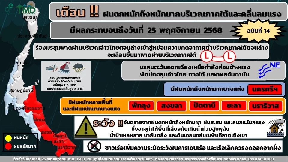 น้ำท่วมใต้ล่าสุด 25 พ.ย.68 ศูนย์อุตุนิยมวิทยาภาคใต้ เตือน ฝนตกต่อเนื่อง ฝนตกหนักบางแห่ง เรือเล็กงดออกจากฝั่ง 