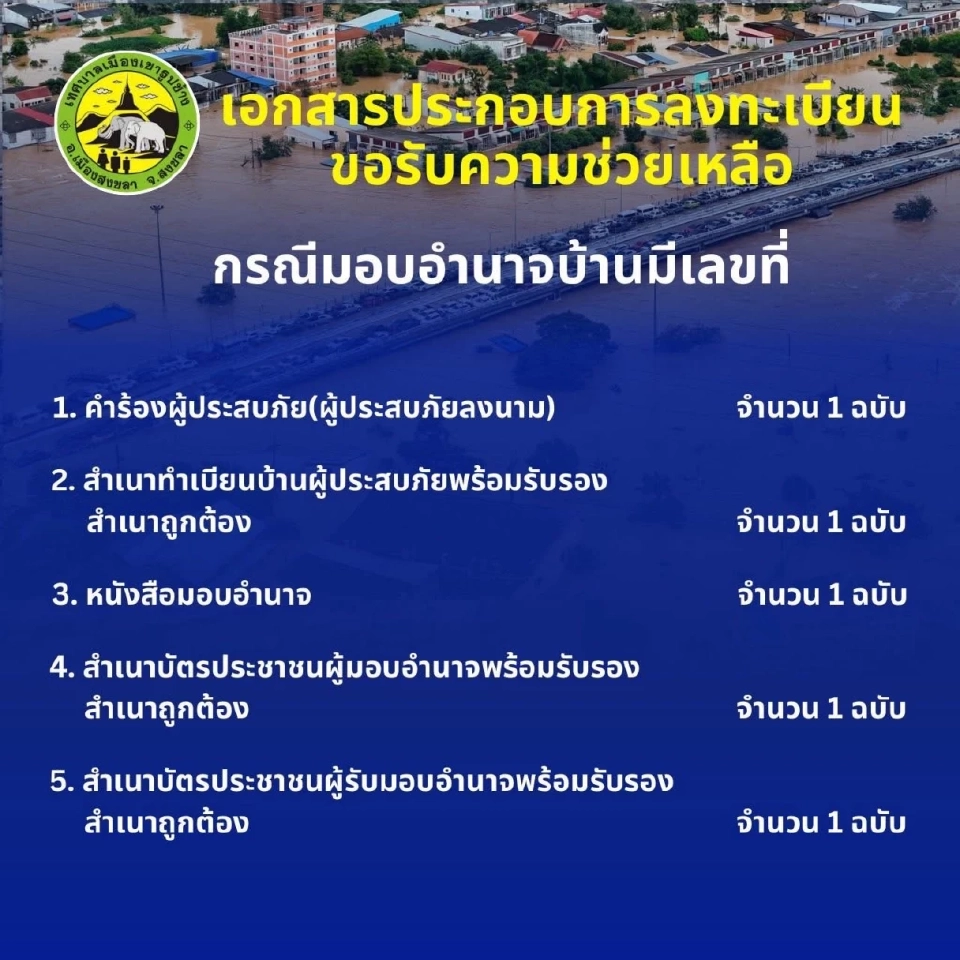 เอกสารประกอบการลงทะเบียน ขอรับความช่วยเหลือ กรณีมอบอำนาจบ้านมีเลขที่