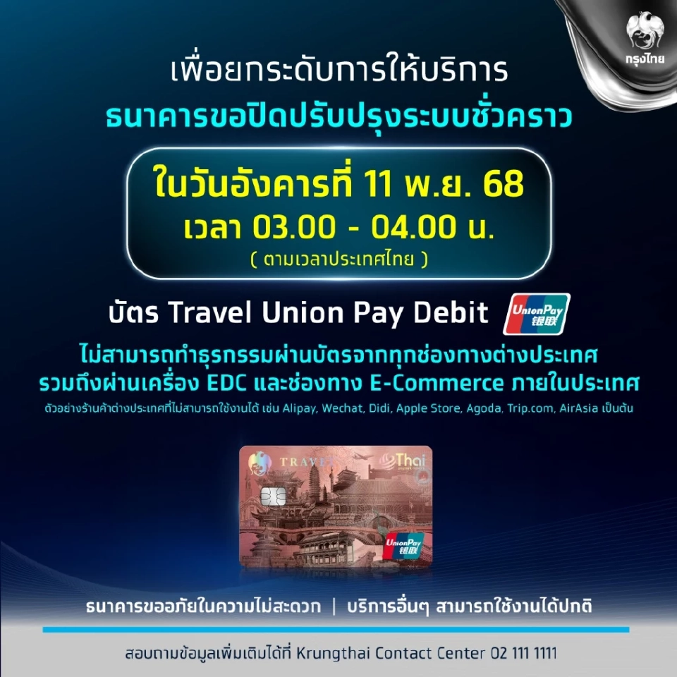 ธนาคารกรุงไทย เตรียมปิดปรับปรุงระบบชั่วคราว 11 พฤศจิกายน 2568 เช็กช่วงเวลา -ธุรกรรมที่ไม่สามารถใช้บริการได้ที่นี่