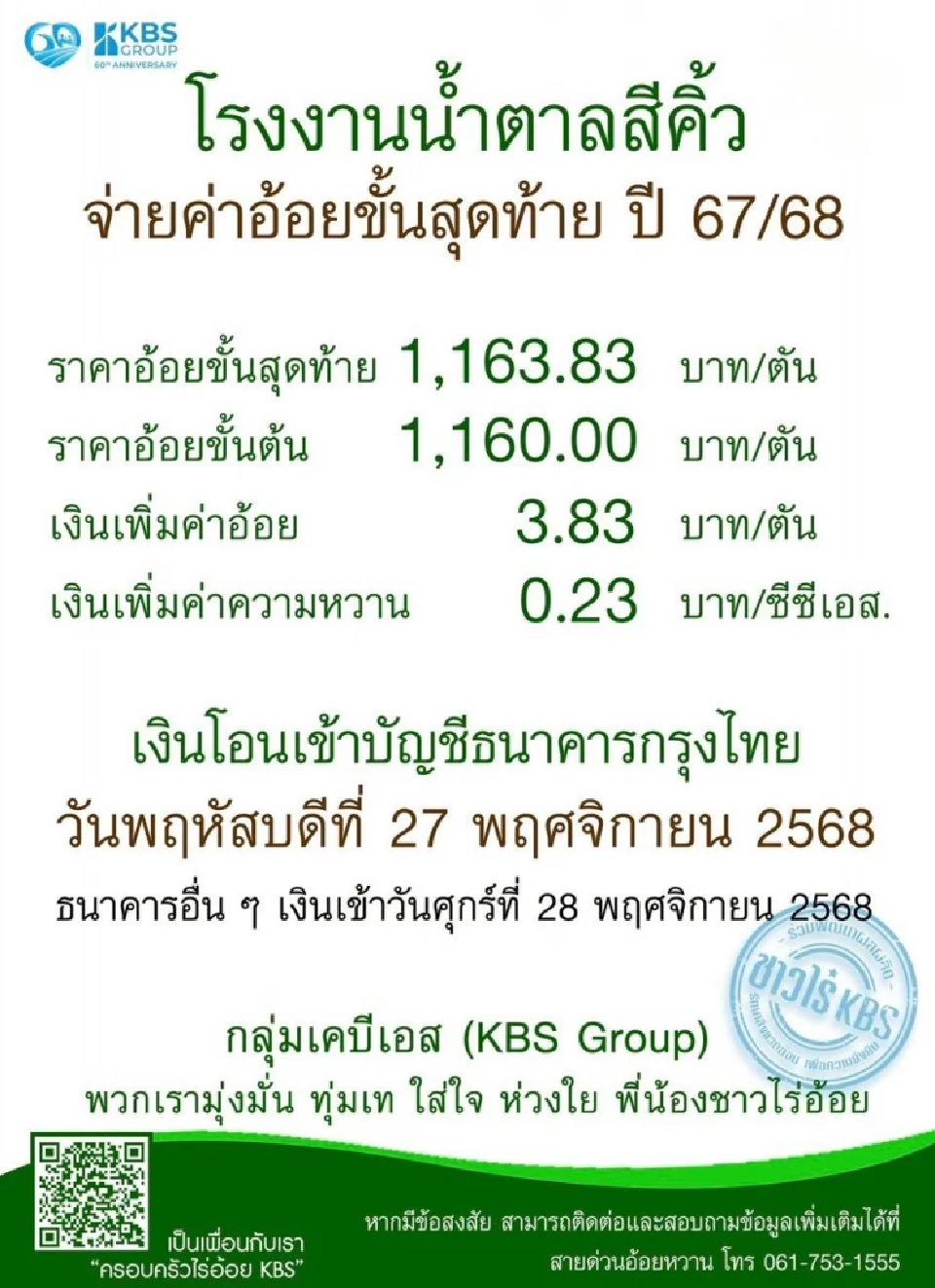 ชาวไร่อ้อยเฮ  โรงงานน้ำตาล นัดโอนเงินแล้ว มีที่ไหนบ้าง เช็คด่วน