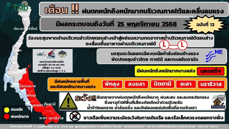 ศูนย์อุตุนิยมวิทยาภาคใต้ฝั่งตะวันออก ได้ออกประกาศเตือน เรื่อง ฝนตกหนักถึงหนักมากบริเวณภาคใต้ฝั่งตะวันออกและคลื่นลมแรงบริเวณอ่าวไทย 