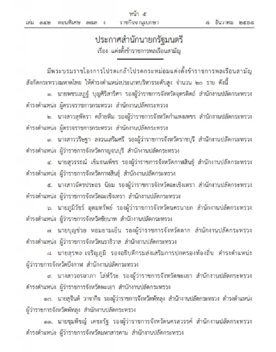 โปรดเกล้าฯ แต่งตั้งผู้ว่าฯ 18 จังหวัด 2 ผู้ตรวจฯ กระทรวงมหาดไทย