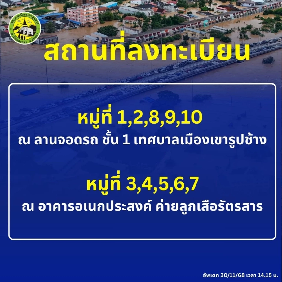 เทศบาลเมืองเขารูปช้าง เปลี่ยนแปลง วัน เวลา และ สถานที่ ลงทะเบียนน้ำท่วม 68
