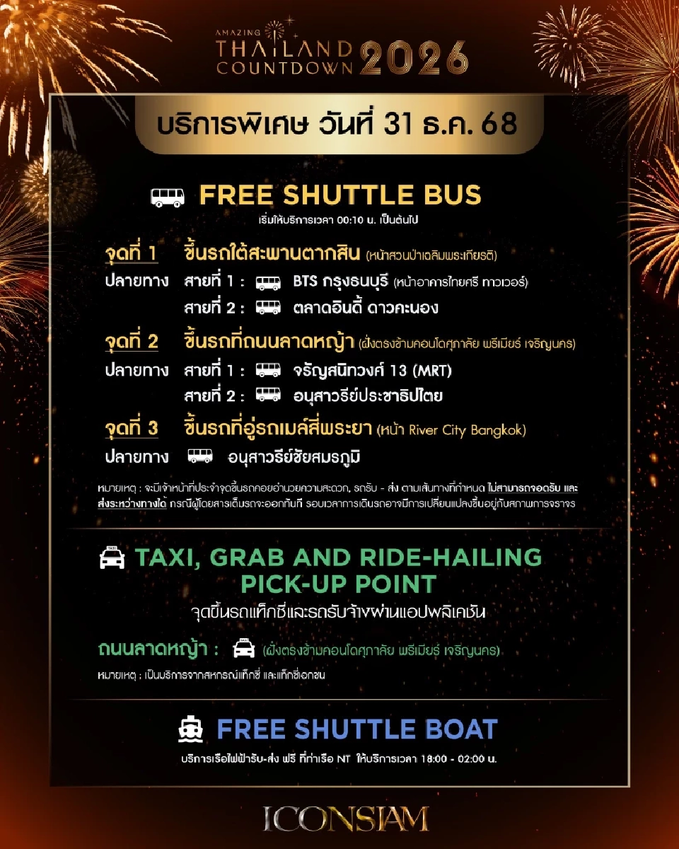 เคาท์ดาวน์ ไอคอนสยาม 2026 แนะการเดินทาง จุดจอดรถ บริการชัตเติลฟรีที่นี่