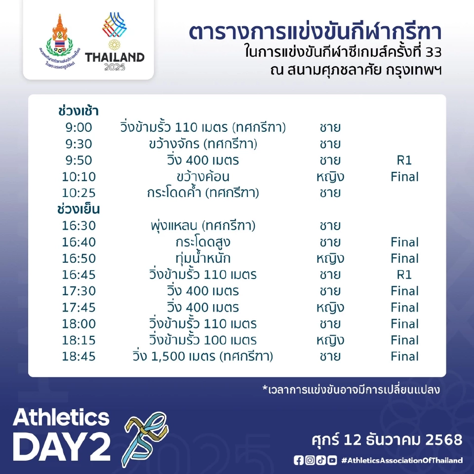 โปรแกรมถ่ายทอดสดกรีฑาซีเกมส์ 2025 วันนี้ 11 ธ.ค. บิว นำทัพทีมชาติไทยลุ้นทอง