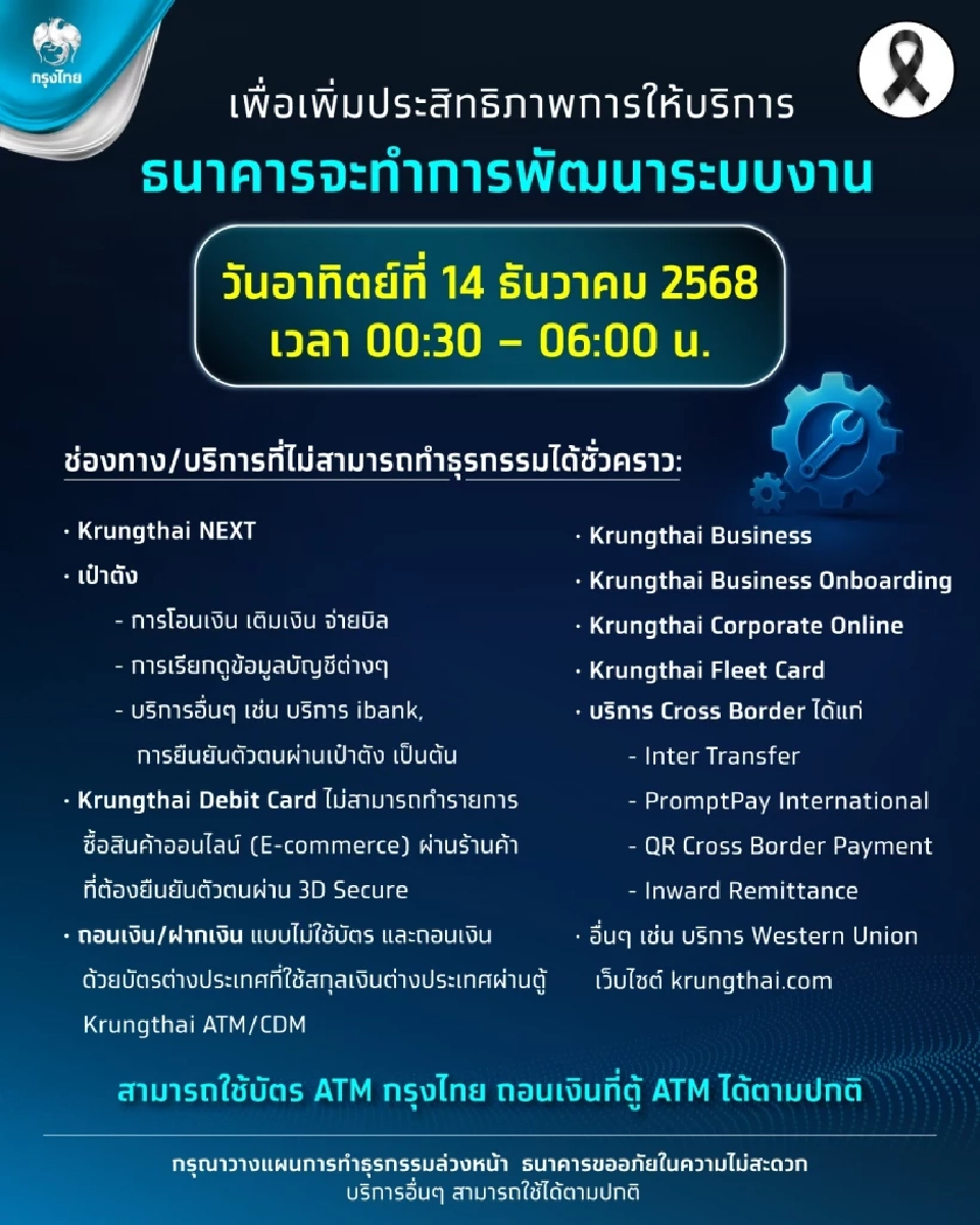 ธนาคารกรุงไทย เตรียมปิดปรับปรุงระบบชั่วคราว  Krungthai NEXT -เป๋าตัง วันที่ 14 ธ.ค.68 