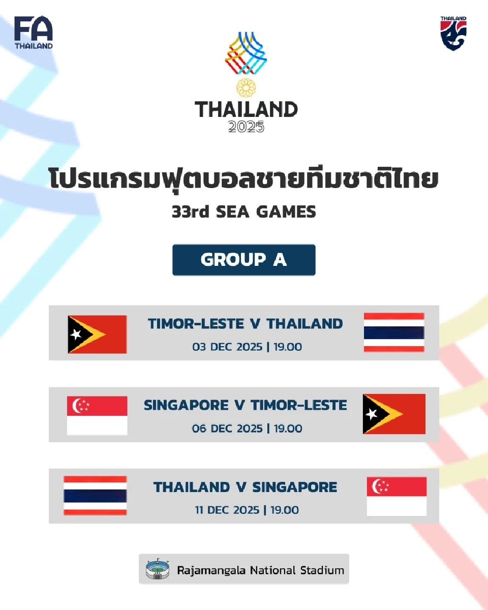 โปรแกรมการแข่งขัน-ตารางถ่ายทอดสดฟุุตบอลชายทีมชาติไทย ชุดสู้ศึกซีเกมส์ 2025