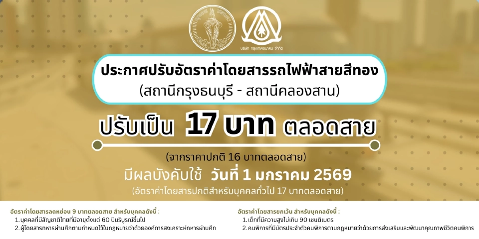 เริ่ม 1 ม.ค.69 'รถไฟฟ้าสายสีทอง' ปรับราคาใหม่ 17 บาทตลอดสาย