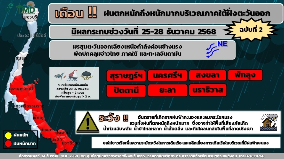 ศูนย์อุตุนิยมวิทยาภาคใต้ฯ เตือนฝนตกหนักถึงหนักมากในช่วงวันที่ 25-28 ธ.ค.68 ด้านปภ.แจ้ง 7 จังหวัดใต้ เฝ้าระวังน้ำท่วมฉับพลัน น้ำป่าไหลหลาก ดินโคลนถล่ม