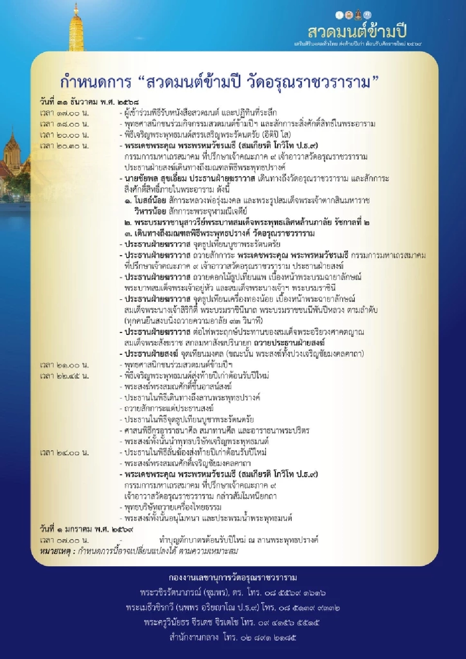 ปักหมุดวัดในกทม.จัด สวดมนต์ข้ามปี-ทำบุญตักบาตร เสริมสิริมงคลรับปีใหม่ 2569