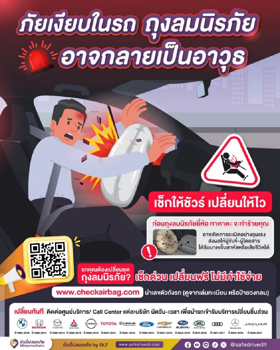 กรมการขนส่งฯ เตือนรถ 5 แสนคัน เร่งเปลี่ยนถุงลมนิรภัย Takata ฟรีทั่วไทย