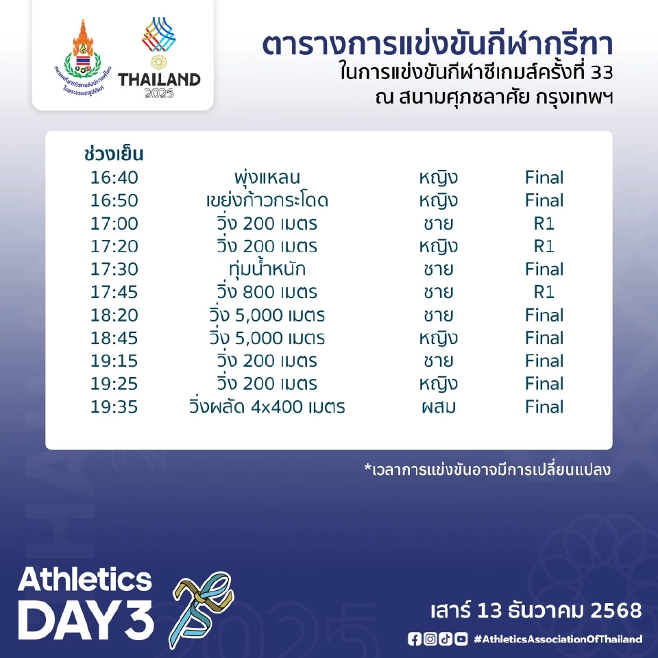 โปรแกรมถ่ายทอดสดกรีฑาซีเกมส์ 2025 วันนี้ 11 ธ.ค. บิว นำทัพทีมชาติไทยลุ้นทอง