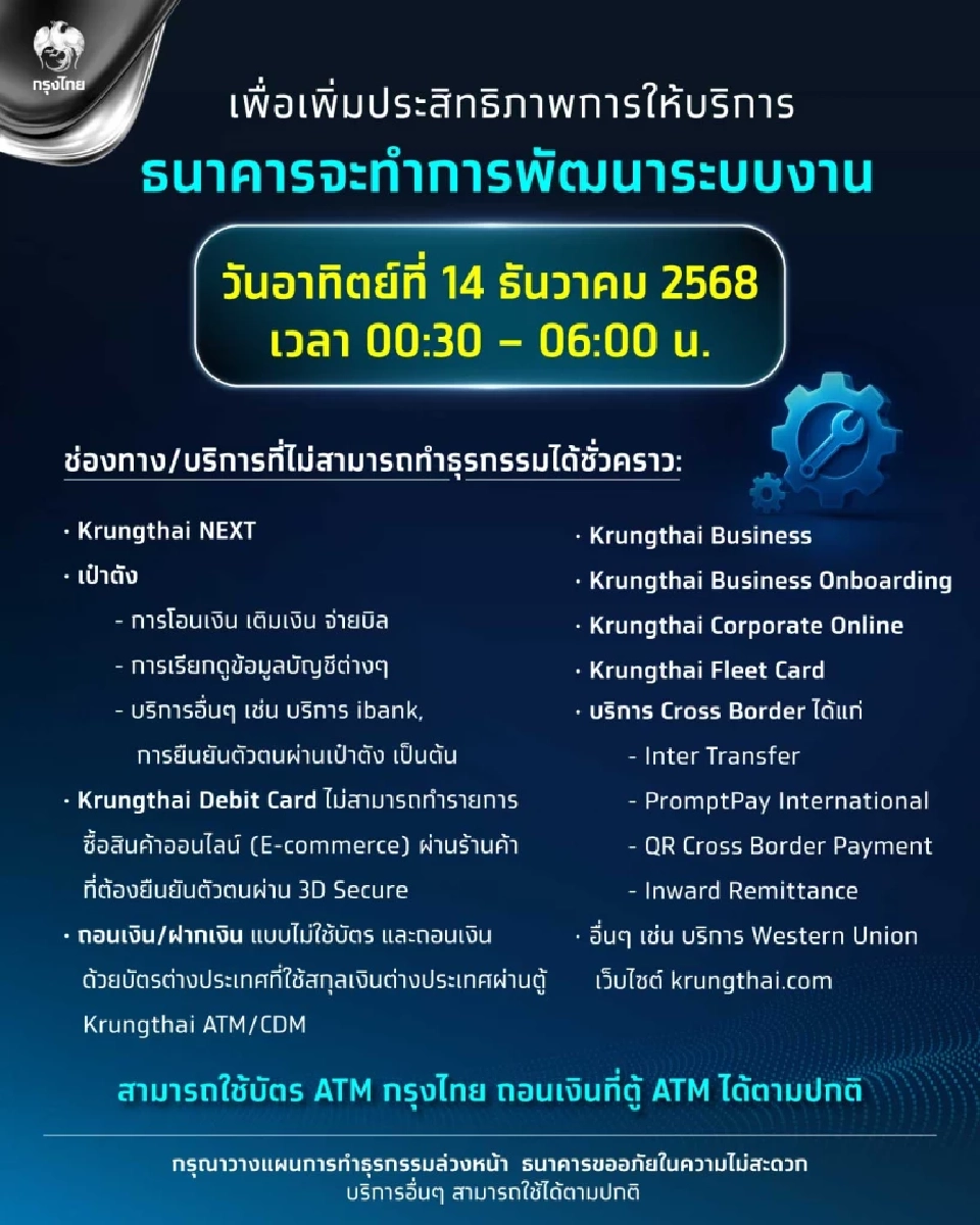 ธนาคารกรุงไทย เตรียมปิดปรับปรุงระบบชั่วคราวเดือนธันวาคม 2568 