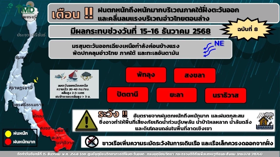 ศูนย์อุตุนิยมวิทยาภาคใต้ฝั่งตะวันออก ได้ออกประกาศเตือน ฝนตกหนักถึงหนักมากบริเวณภาคใต้ฝั่งตะวันออกและคลื่นลมแรงบริเวณอ่าวไทยตอนล่าง