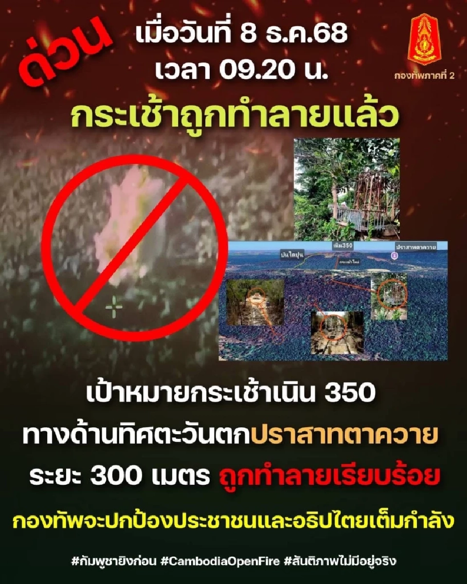 เกาะติดสถานการณ์ปะทะชายแดนไทย-กัมพูชาล่าสุด กระเช้าเนิน 350 ถูกทำลายแล้ว
