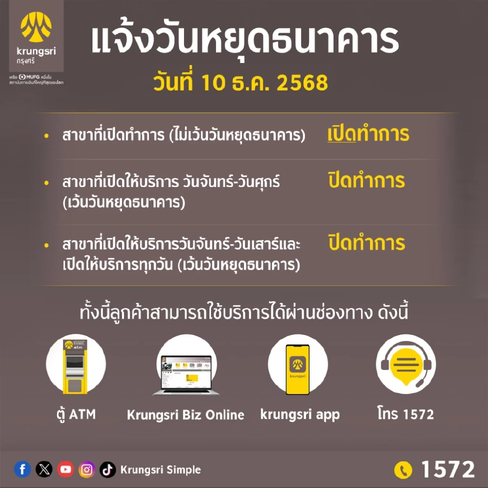 ธนาคารกรุงศรีอยุธยา แจ้งวันหยุดธนาคาร ในช่วงวันที่ 10 ธ.ค. 68