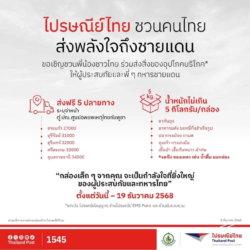 ไปรษณีย์ไทย เปิด “ตู้ ปณ.ศูนย์อพยพเหตุไทย–กัมพูชา”  ส่งฟรีไม่มีค่าใช้จ่าย