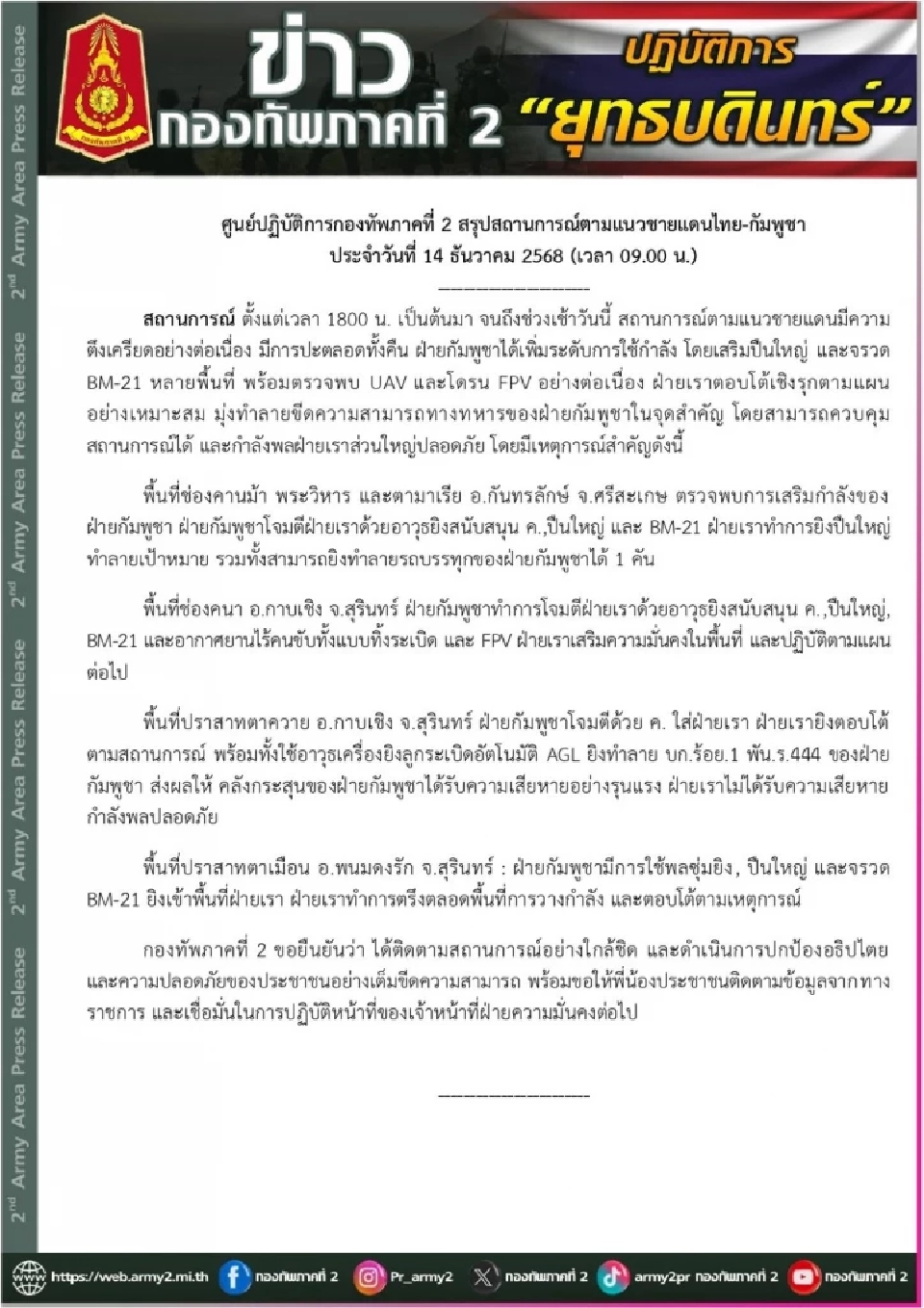กองทัพภาคที่ 2 สรุปสถานการณ์ชายแดนไทย-กัมพูชา วันที่ 14  ธ.ค.68