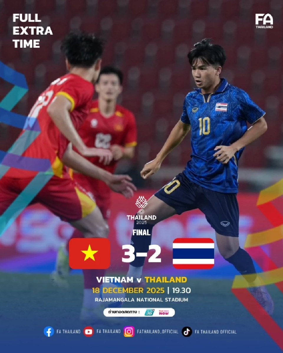  เวียดนาม คว้าเหรียญทอง ฟุตบอลชายซีเกมส์ 2025 หลังเฉือนชนะ ไทยในช่วงต่อเวลาพิเศษ 3-2 