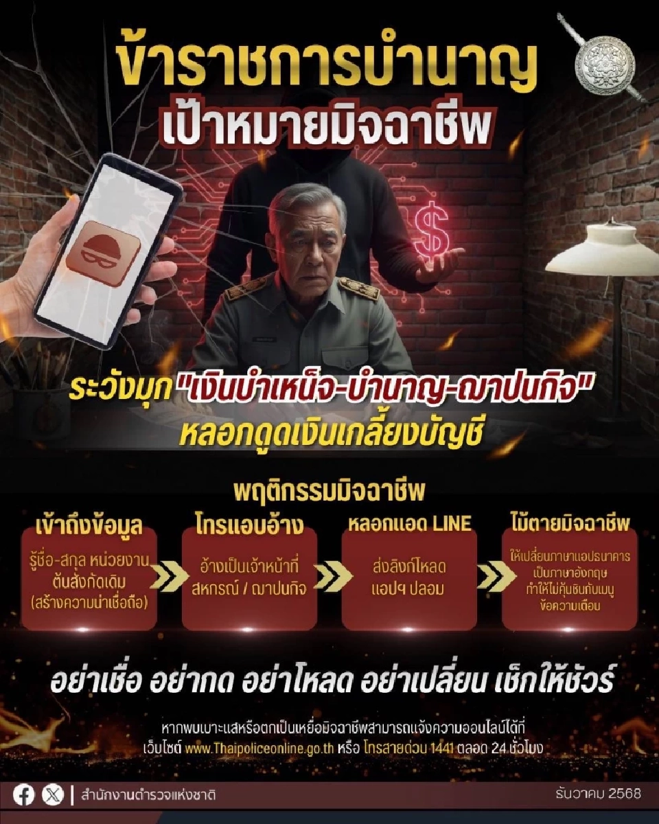 ตร.เตือน เดือน ธ.ค. สแกมเมอร์ระบาด พุ่งเป้าข้าราชการบำนาญ หลอกแอปดูดเงินสูญล้าน