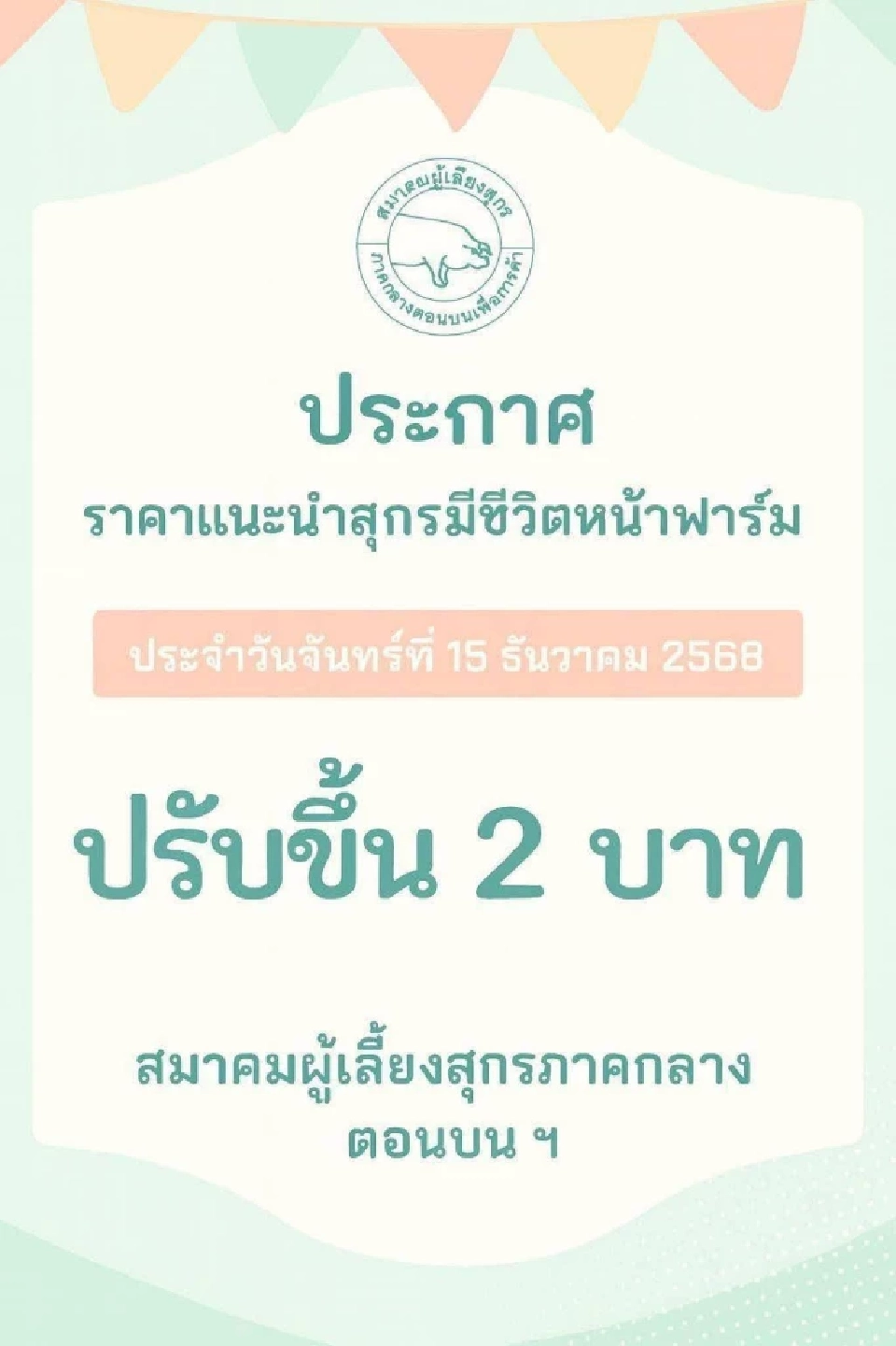 มีผลวันนี้!  (15 ธ.ค.68)  หมูปรับราคาขึ้น 2 บาท/กก.ทั่วประเทศ