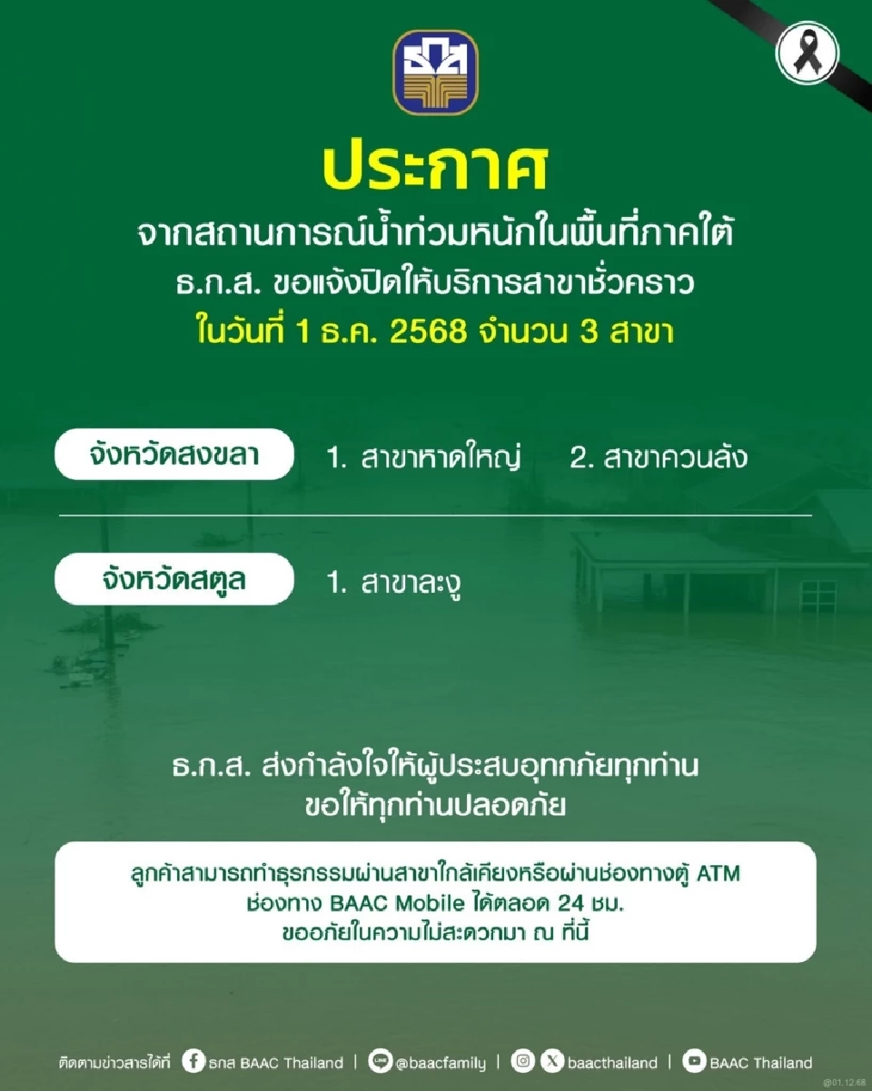 ธ.ก.ส. ประกาศปิดให้บริการสาขาชั่วคราว ในวันที่ 1 ธ.ค. 2568 ในพื้นที่ภาคใต้ รวม 3 สาขา