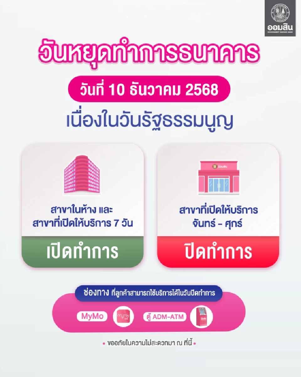 ธนาคารออมสิน แจ้งวันหยุดทำการธนาคารออมสิน วันที่ 10 ธันวาคม 2568 เนื่องในวันรัฐธรรมนูญ