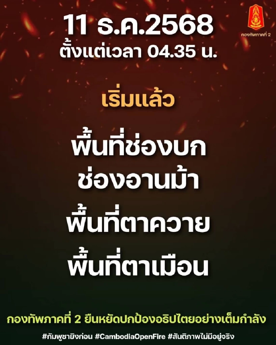 เกาะติดสถานการณ์ไทย-กัมพูชาล่าสุด ร้อนระอุแต่เช้าพื้นที่ช่องบก-ตาควาย