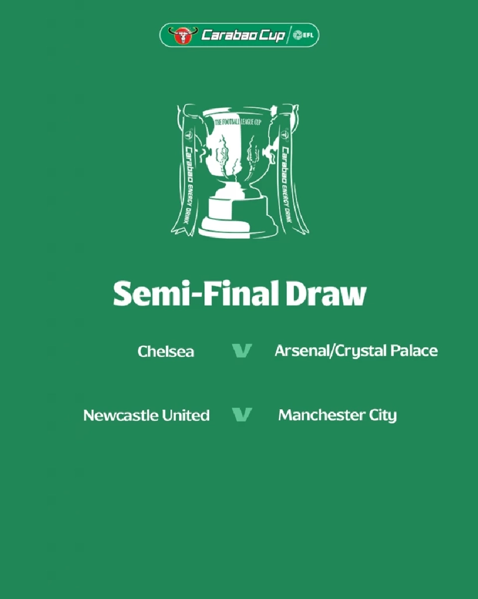 สรุปผลการประกบคู่ฟุตบอลคาราบาว คัพ Carabao Cup 2025/26  รอบรองชนะเลิศ