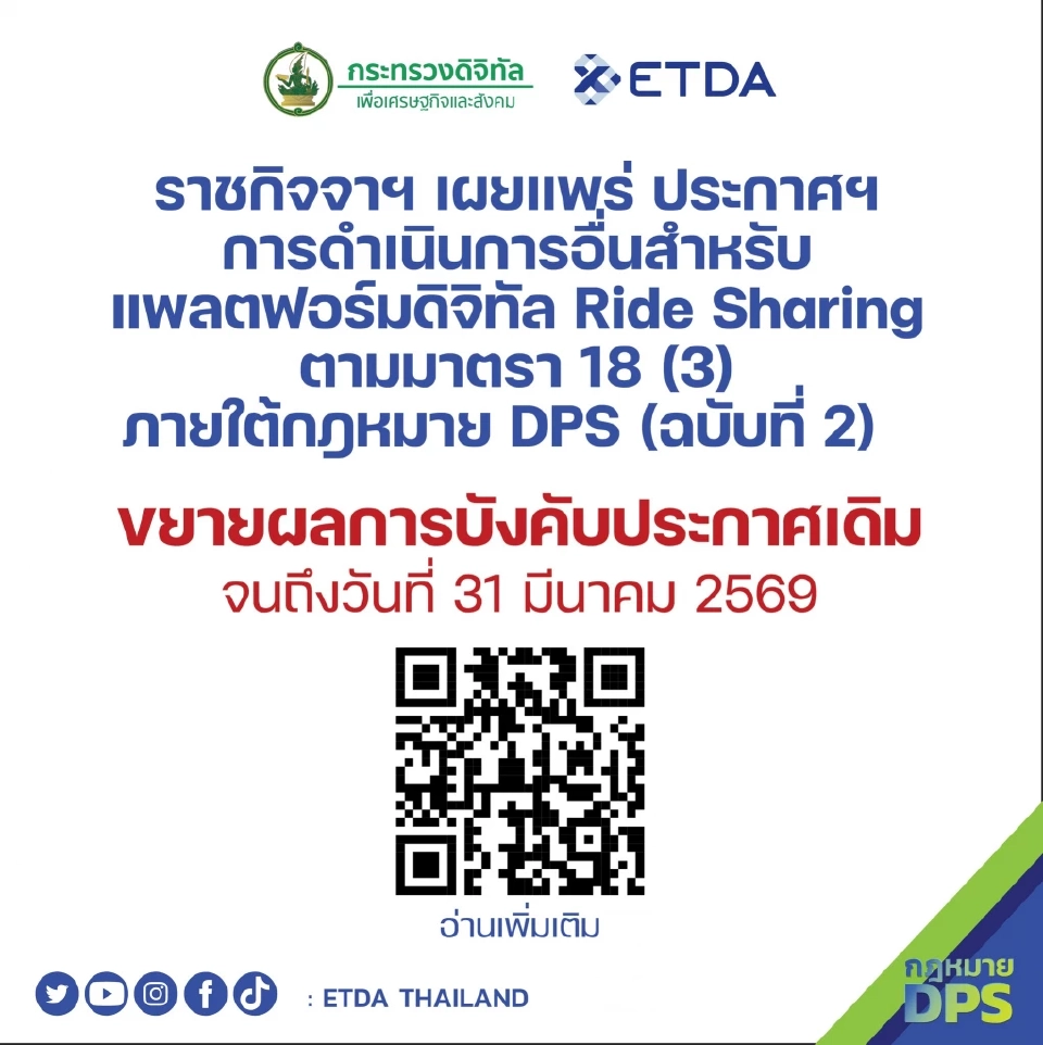 ETDA ยีดเวลาบังคับใช้กฎ Ride Sharing ถึง 31 มี.ค. 69 หลังพบอุปสรรคหลายประการ