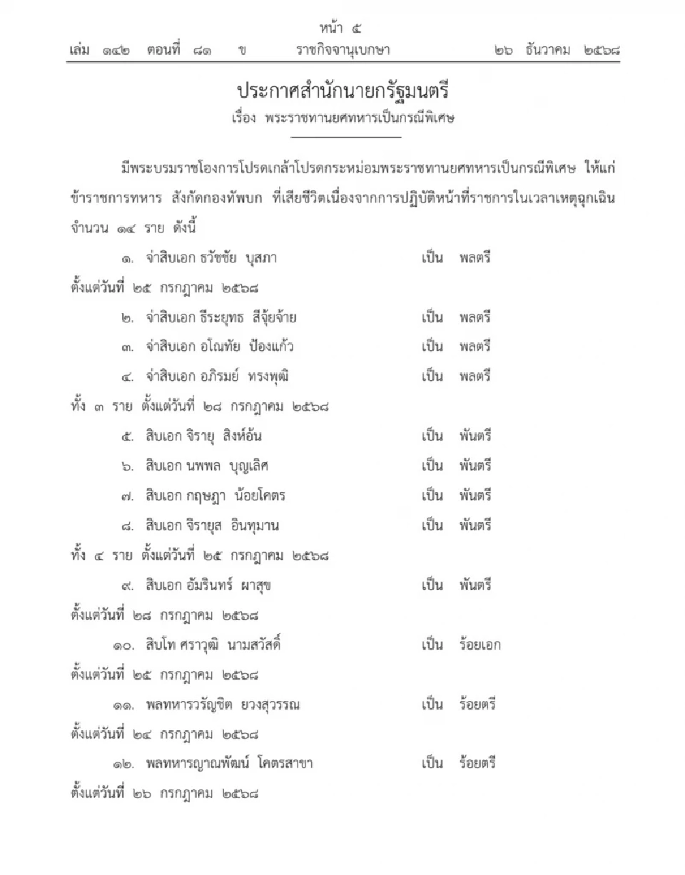 โปรดเกล้าฯ พระราชทานยศ 14 วีรบุรุษทหารกล้า ผู้พลีชีพ เป็นกรณีพิเศษ