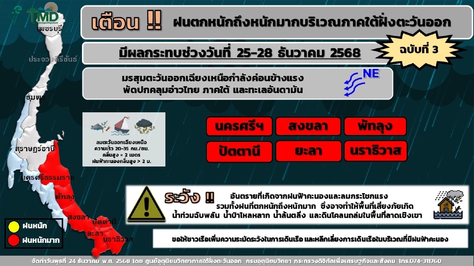 ศูนย์อุตุนิยมวิทยาภาคใต้ฝั่งตะวันออก ออกประกาศเตือนพื้นที่ 6 จังหวัด วันนี้ 25 ธ.ค.68 รับมือฝนตกหนักถึงหนักมากบางแห่ง
