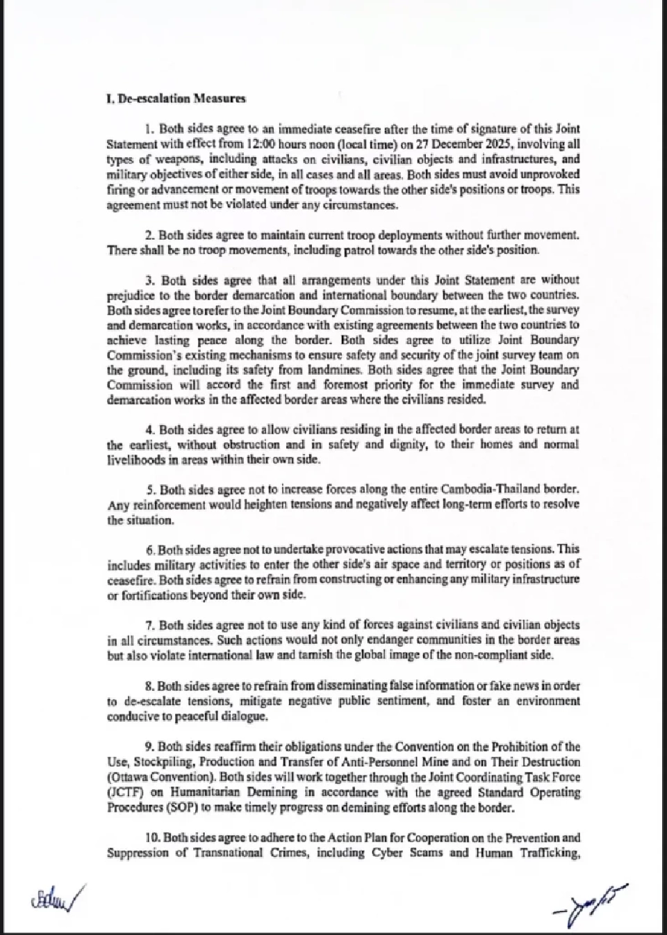 “ไทย-กัมพูชา”หยุดยิงทันที 12.00 น.วันนี้ เปิดละเอียด 16 ข้อตกลง 2 ฝ่าย