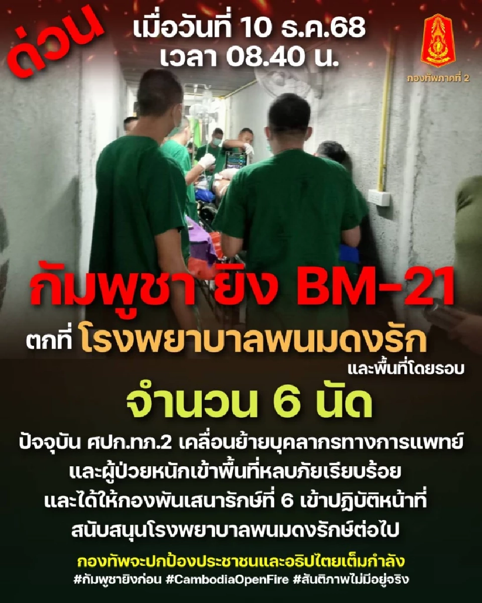 ด่วน! กัมพูชา ยิง BM-21 ตกที่โรงพยาบาลพนมดงรัก และพื้นที่โดยรอบ 6 นัด