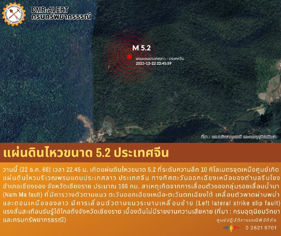 เปิดสาเหตุ'แผ่นดินไหว'ขนาด 5.2 พรมแดนลาว-จีน สะเทือนถึงไทย