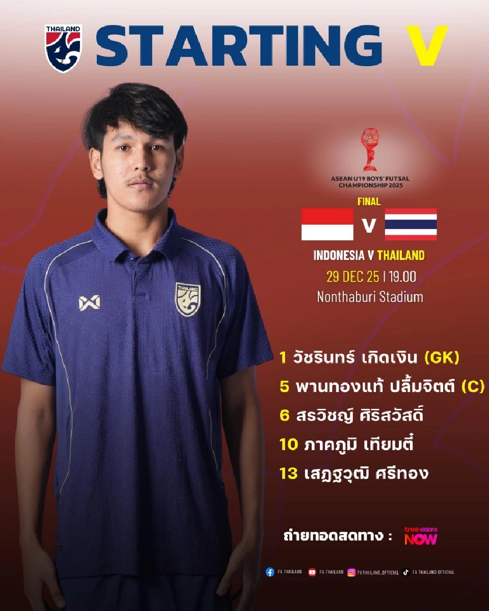 ไลน์อัพผู้เล่น 5 คนแรก ฟุตซอลทีมชาติไทย U19 พบ อินโดนีเซีย U19