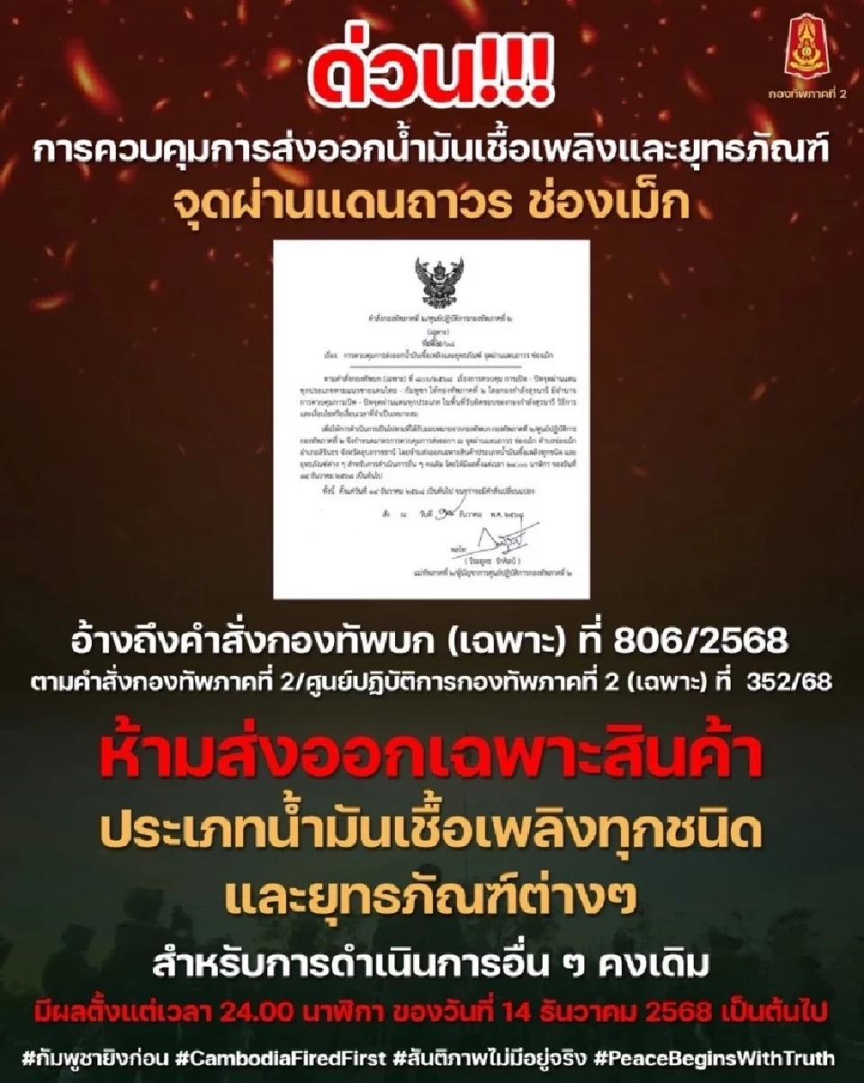 พบรถบรรทุกน้ำมันกว่า 80 คัน ด่านช่องเม็ก  คาดขนผ่านลาวเข้ากัมพูชา 