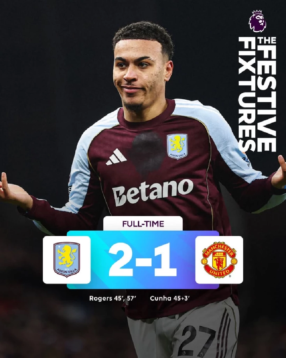 สรุปผลบอลสด ผลบอลพรีเมียร์ลีกล่าสุด แอสตัน วิลล่า​ เฉือนชนะ​ แมนฯยู​ไนเต็ด​ 2-1