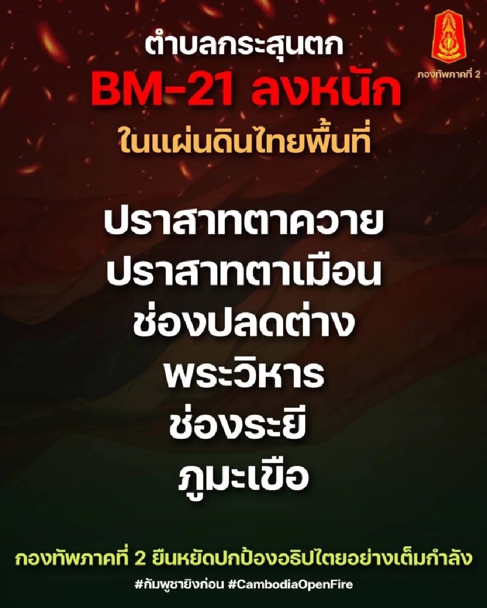 ด่วน! กัมพูชายิง BM-21 ลงหนัก ต.กระสุนตก พื้นที่พระวิหาร-ภูมะเขือ