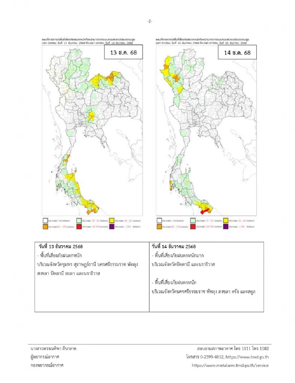 กรมอุตุฯเตือนฉบับที่ 20 วันที่ 14 -16 ธ.ค.ใต้ตอนล่าง 9 จว.ฝนตกหนักหลายพื้นที่